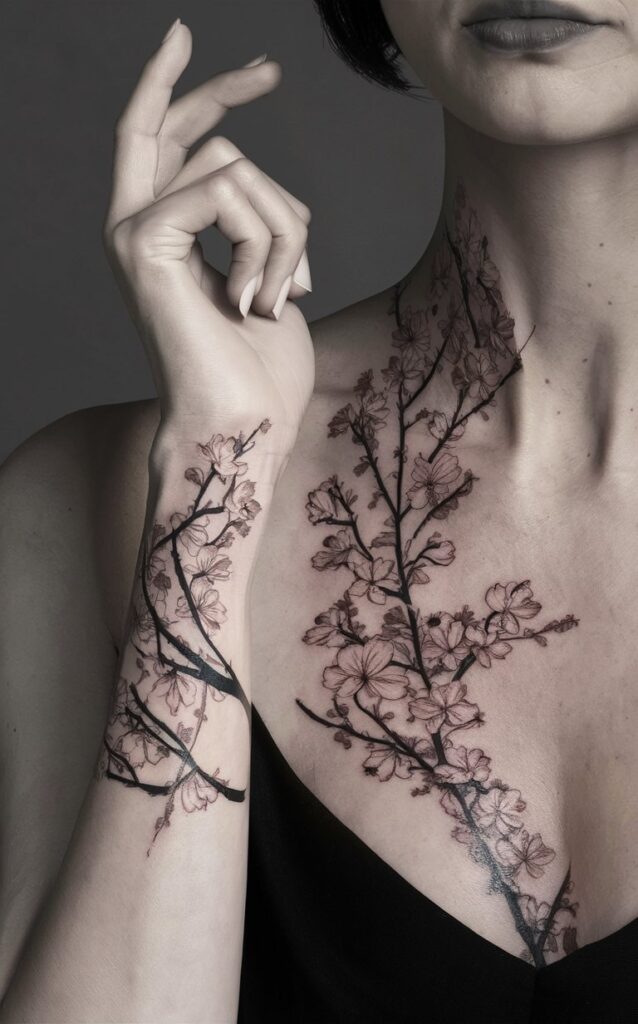 japanese cherry blossom tattoo black and white