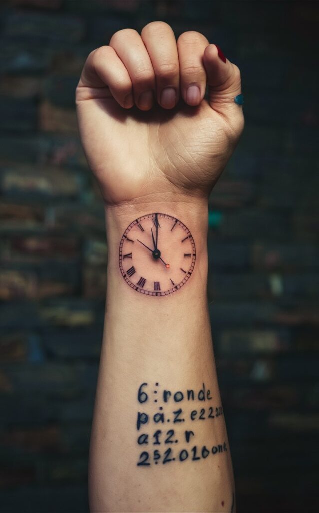 clock tattoo with name and date of birth