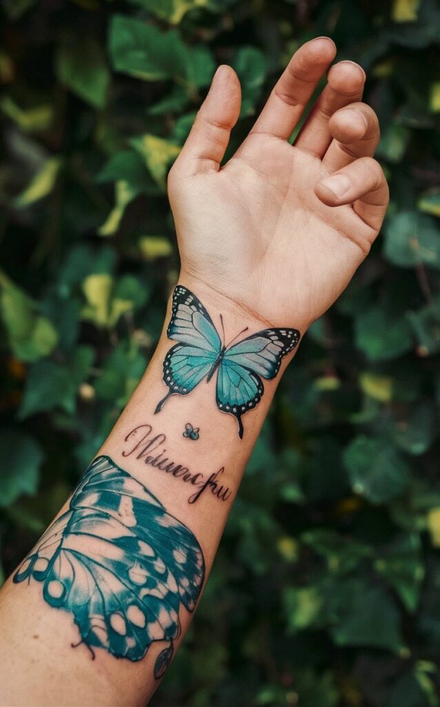 blue butterfly tattoo with flowers