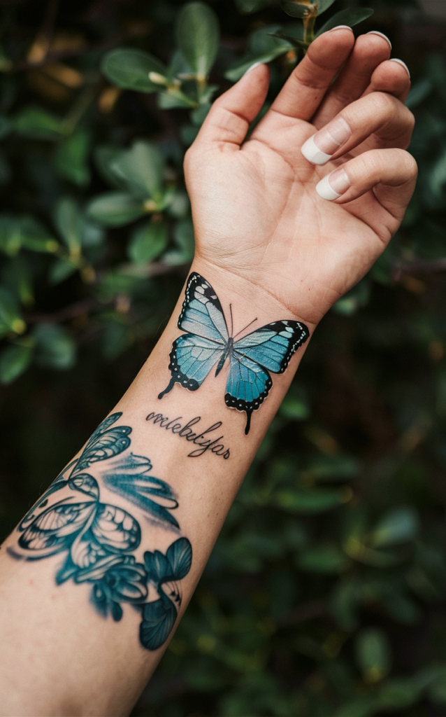 blue butterfly tattoo with flowers